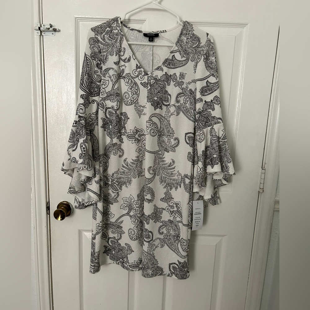 MSK Cream Tunic with Gray Paisley Print and Ruffled Bell Sleeves